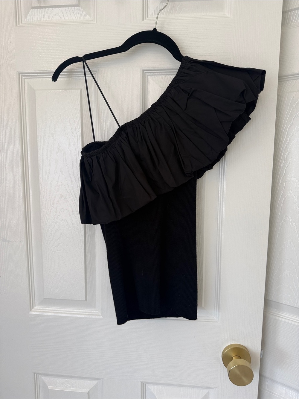 Marie Oliver Black One-Shoulder Ruffle Knit Tank Top